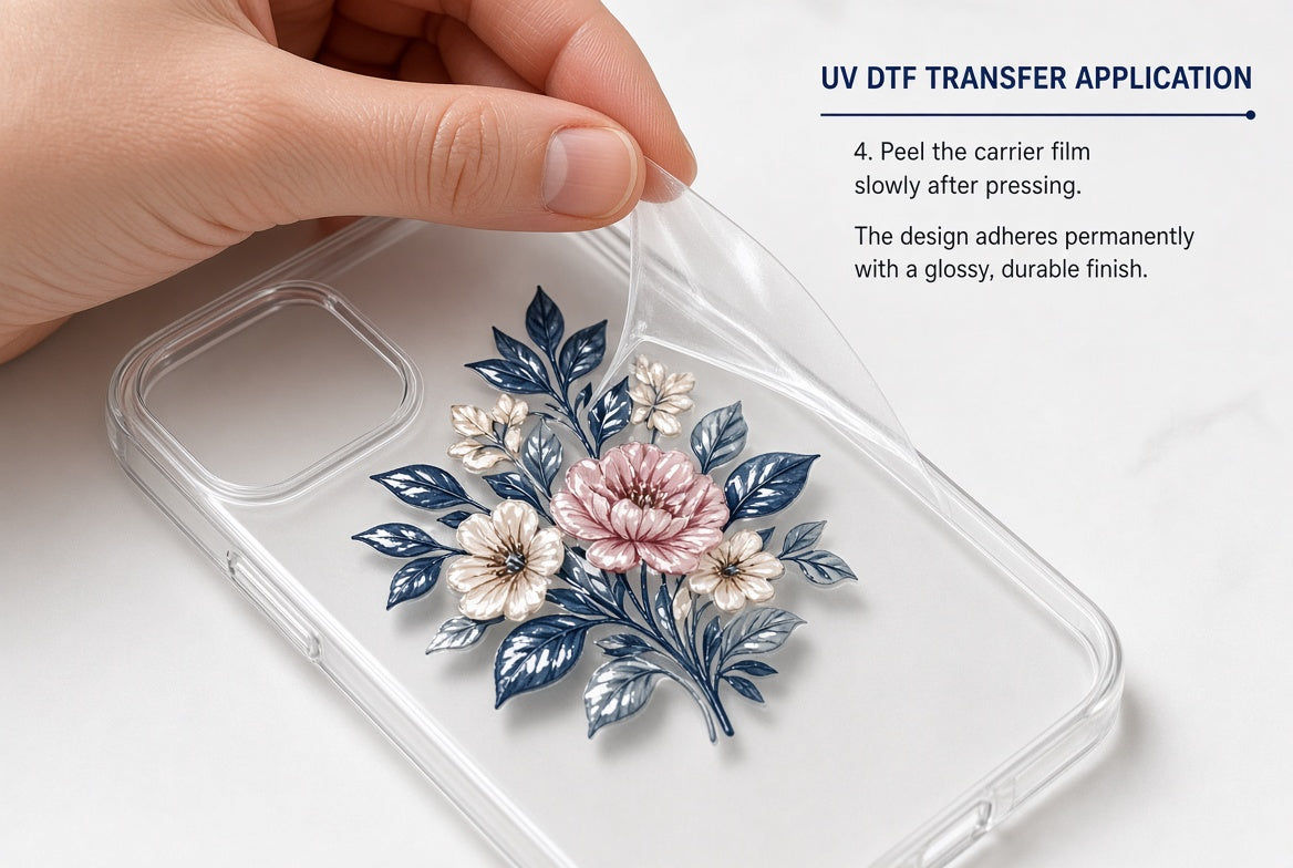 Applying a floral UV DTF transfer to a clear phone case
